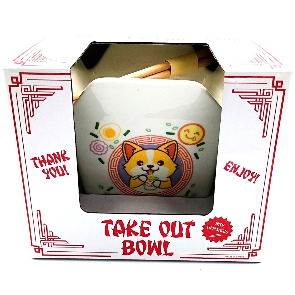 Mad Engine Corgi Dog Takeout Box Ceramic Ramen Noodle Bowl Chopsticks Set New
